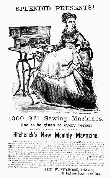 SEWING MACHINE, 1866. American newspaper advertisement, 1866