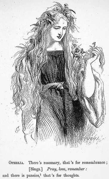 SHAKESPEARE: HAMLET. Ophelia, gone mad, distributes flowers (Act IV, Scene V). Wood engraving after Sir John Gilbert (1817-1897) for William Shakespeares play