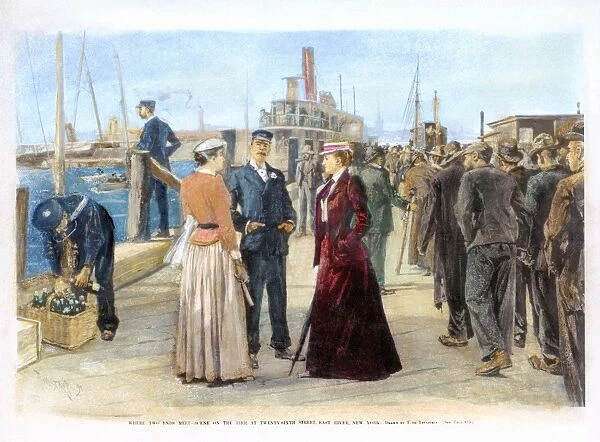 Smart society yachting parties using one side of the 26th Street pier are contrasted with the criminals, sick and indigent embarking on the other side for Randalls, Harts, Wards and Blackwells Islands in the East River. Wood engraving, 1891, after a drawing by Thure de Thulstrup