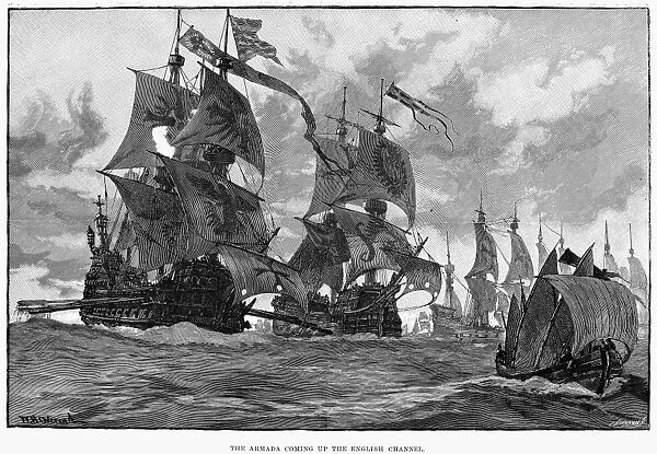 SPANISH ARMADA, 1588. The Armada Coming up the English Channel. Defeat of the Spanish Armada by the English navy, 1588. Wood engraving, English, 1888