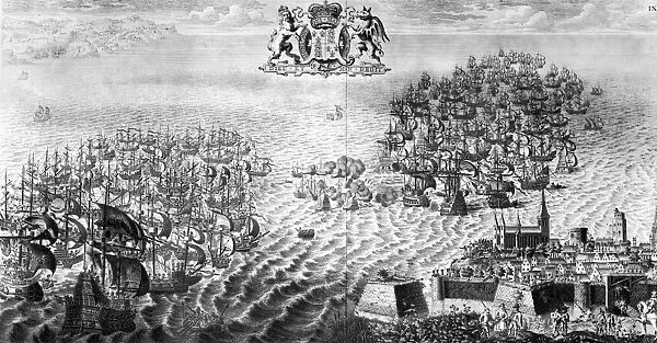 SPANISH ARMADA, 1588. Ships set on fire by the English fleet and sent toward the Spanish Armada, to scatter their fleet at Calais, 1588. Line engraving by John Pine from The Tapestry Hangings of the House of Lords, published in 1739