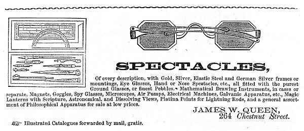 SPECTACLES, 1854. Advertisement engraving, American, 1854