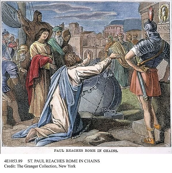 ST. PAUL IN CHAINS. St. Paul reaches Rome in chains (Acts 28: 16): wood engraving, 19th century