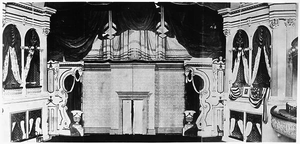The stage at Fords Theatre, Washington, D. C. as it appeared the night of President Abraham Lincolns assassination by the actor John Wilkes Booth, 14 April 1865. Photograph