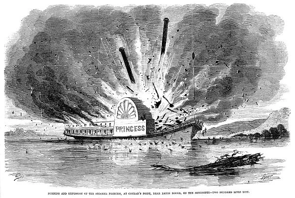 STEAMBOAT ACCIDENT, 1859. Burning and explosion of the steamship Princess at Conrads Point, near Baton Rouge, Louisiana, on the Mississippi River. Two hundred lives were lost. Wood engraving, 1859