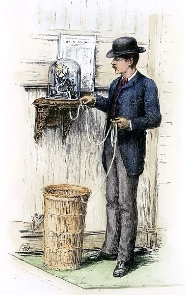 STOCK TICKER, 1885. Line drawing, American, 1885