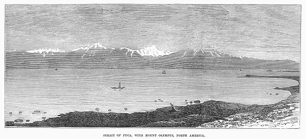 STRAIT OF JUAN de FUCA. The strait forming part of the boundary between the United States and Canada. Mount Olympus in the state of Washington is in the background. Wood engraving, English, 1872