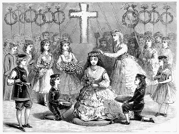 SUNDAY SCHOOL THEATRICAL. Floral anniversary at the Sabbath School of the First Reformed Church in Brooklyn. Wood engraving from an American newspaper of 1871