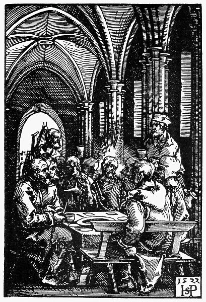 THE LAST SUPPER. Jesus and his disciples at the Last Supper. Woodcut, German, 1522