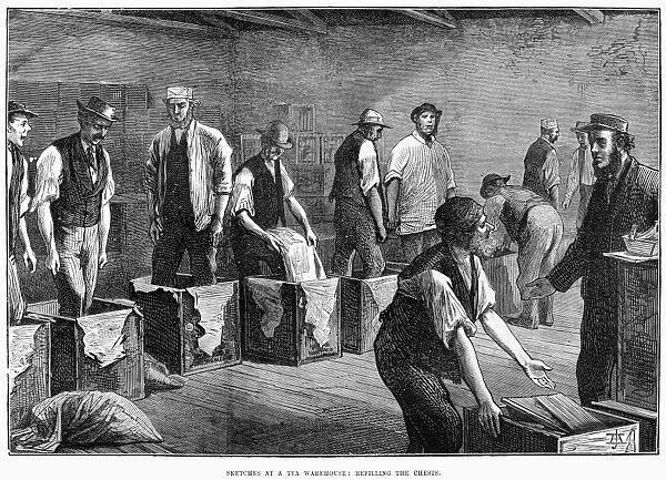TEA WAREHOUSE, 1874. Refilling the chests at a tea warehouse in England. Wood engraving