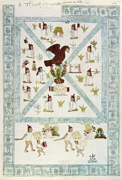TENOCHTITLAN (MEXICO CITY) with Aztec pictographs and Spanish text from the Codex Mendoza