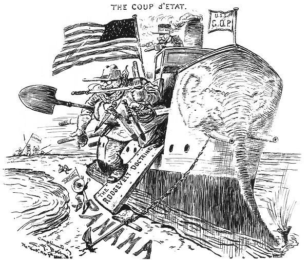 Theodore Roosevelt, assisted by John Hay, taking Panama: cartoon by Charles Green Bush from the New York World, 1903