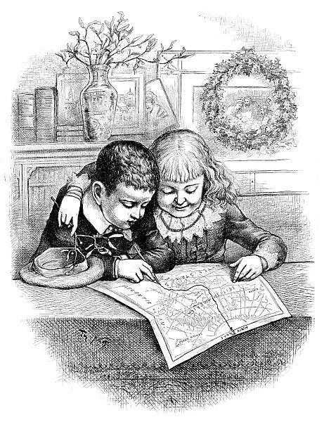 THOMAS NAST: CHRISTMAS. Children tracing Santa Claus route from the North Pole