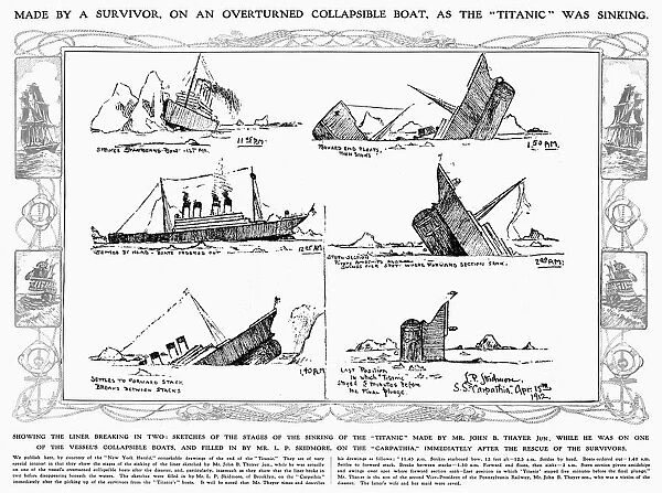 TITANIC: SINKING, 1912. Contemporary sketches by a survivor of the sinking of the Titanic, April 14-15, 1912