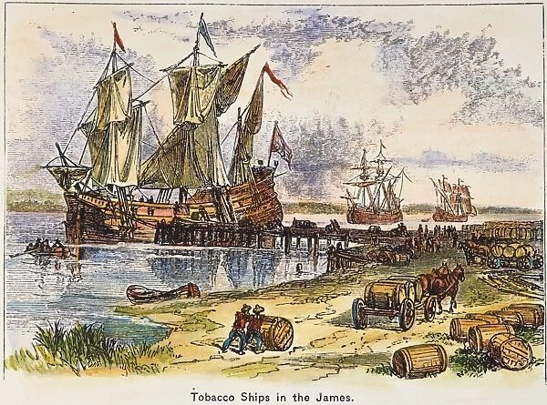 TOBACCO SHIPS, 1600s. English tobacco ships loading in the James River, Virginia, in the 17th century: colored engraving, 19th century