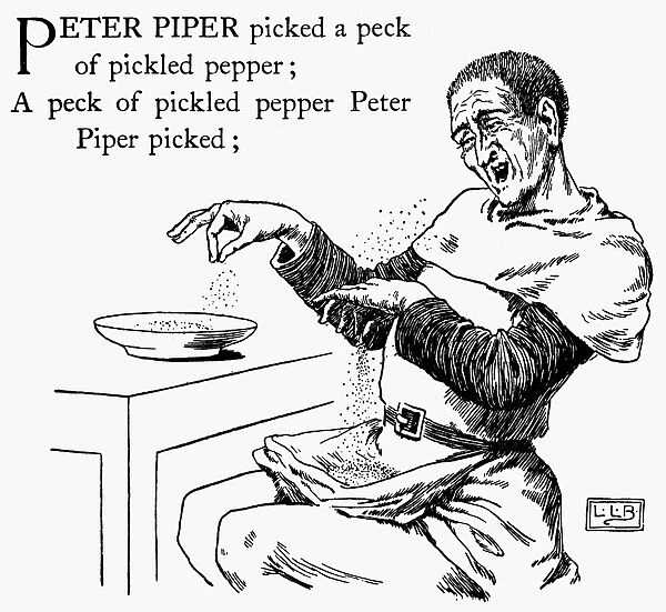 TONGUE TWISTER, 1898. Peter Piper picked a peck of pickled pepper. Drawing, 1898, by L