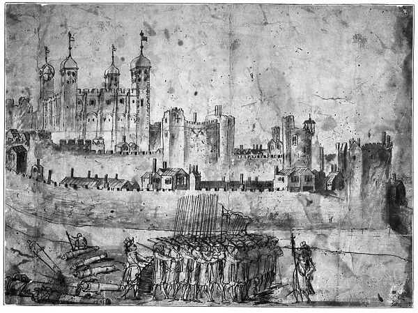 TOWER OF LONDON, 1600s. Troops and cannons at the Tower of London