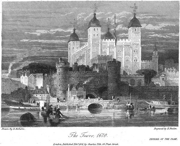 TOWER OF LONDON, 1670. The Tower of London as it appeared in 1670: line and stipple engraving, English, 1831