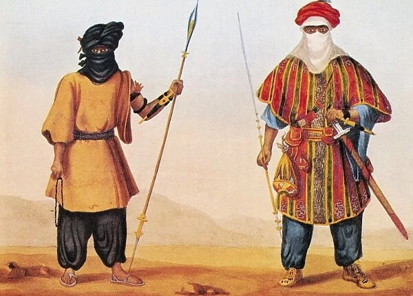 TUAREGS, 1821. Veiled Tuareg nomads in the Sahara