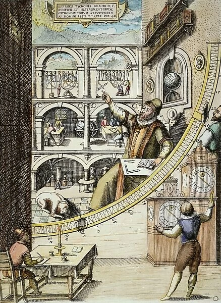 TYCHO BRAHE (1546-1601). Danish astronomer, surrounded by his instruments and assistants in his castle of Uraniborg, Denmark. Copper engraving, 1602