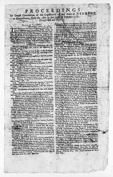 VERMONT: DOCUMENT, 1781. Report of a meeting of the Grand Committee of the Legislature