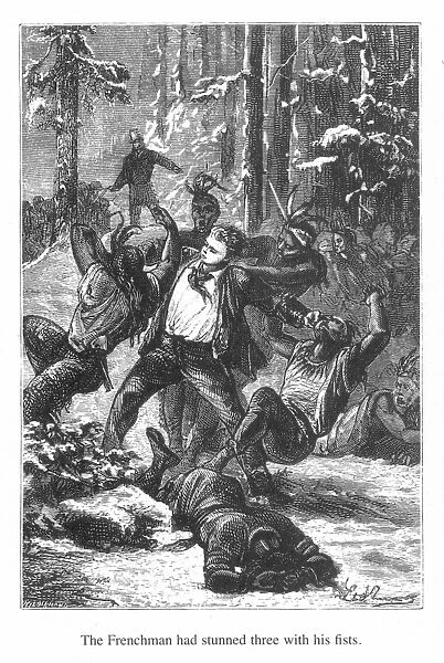 VERNE: AROUND THE WORLD. The Frenchman had stunned three with his fists : wood engraving after a drawing by L