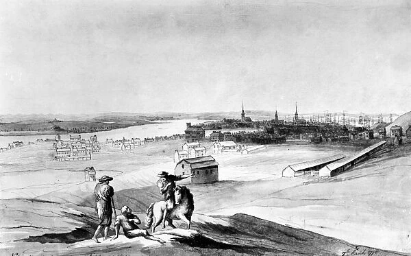 View of Charlestown in ruins, Bunker Hill, Noodles Island, North End and New Boston. Drawing by Archibald Robertson, 7 March 1776