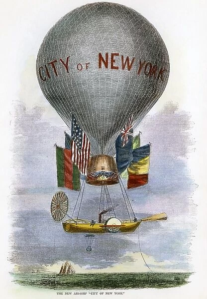 View of the City of New York, Thaddeus S. C. Lowes unsuccessful transatlantic balloon of 1859. Contemporary American wood engraving