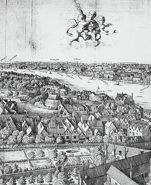 VIEW OF LONDON, 1647. Detail of Wenceslaus Hollars Long View of London, England from the Bankside, 1647, showing the Globe Theatre and the Bear Garden, the labels of which buildings are reversed