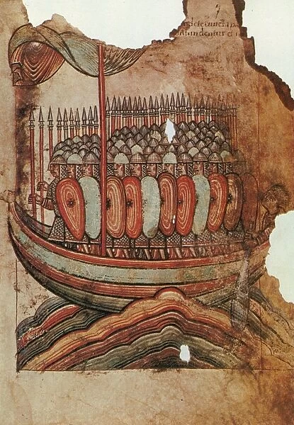 VIKING INVASION, 919. Viking warriors landing at Gu rande on the coast of Brittany in 919 A. D. French manuscript illumination on vellum, c1100