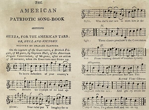 WAR OF 1812: SONGBOOK. Printed sheet music from The American Patriotic Song-Book, Philadelphia, 1813, celebrating the victory of Isaac Hull in USS Constitution over HMS Guerriere