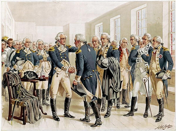 WASHINGTON: FAREWELL, 1783. George Washington taking leave of his officers in Fraunces
