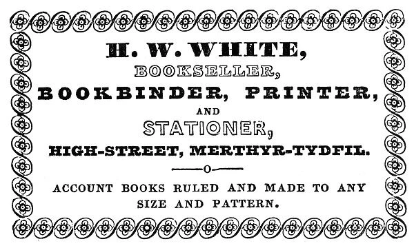 WELSH BOOKPLATE, 1840. A bookplate for H. W. White, bookseller