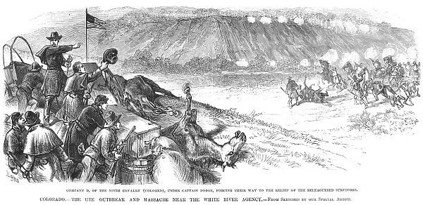 WHITE RIVER ATTACK, 1879. Company D of the Ninth Colored Cavalry coming to the rescue of a cavalry detachment under attack by Ute Native Americans near the White River Agency, Colorado, on 1 October 1879. Wood engraving from a contemporary newspaper