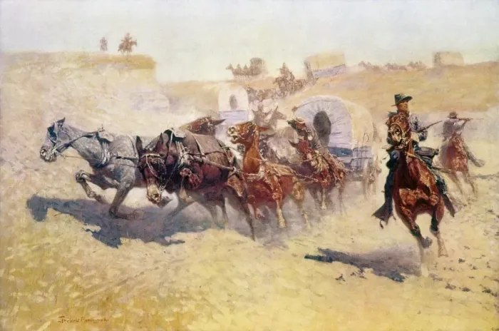Framed Print : Frederic Remington's Oil on Canvas Print: Attack on a Supply Train Framed Print : Frederic Remington's Oil on Canvas Print: Attack on a Supply Train