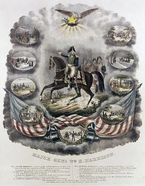 WILLIAM HENRY HARRISON (1773-1841). Ninth President of the United States. Equestrian portrait of Major General Harrison surrounded by vignettes illustrating his military career. Lithograph after J. C. Richard, possibly made for Harrisons presidential campaign of 1836 or 1840