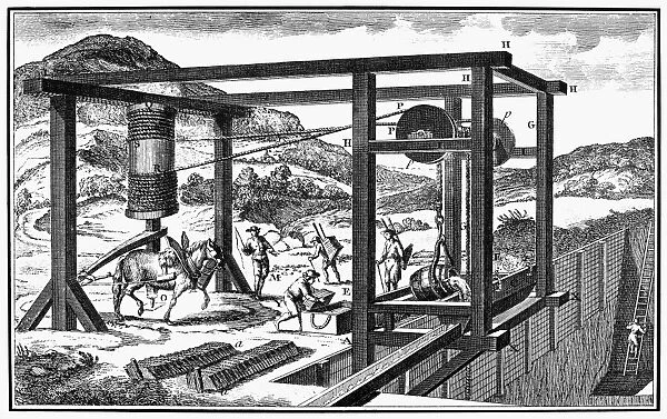 WINDLASS, 18th CENTURY. A horse-powered windlass bailing out water in a slate quarry, but equally used to hoist stone to ground level. Copper engraving, French, 18th century