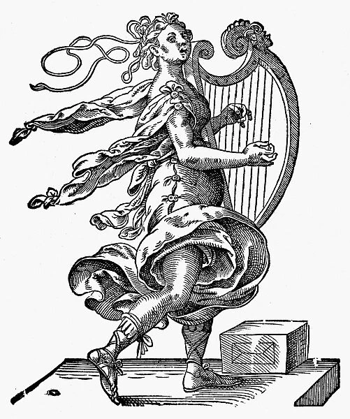 WOMAN PLAYING THE HARP. Wood engraving