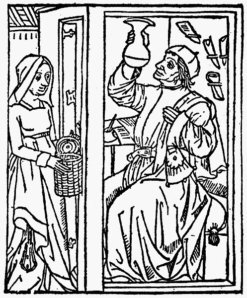 Woman visiting a physician. Woodcut from the Mer des Hystoires, Paris, France, 1488-89