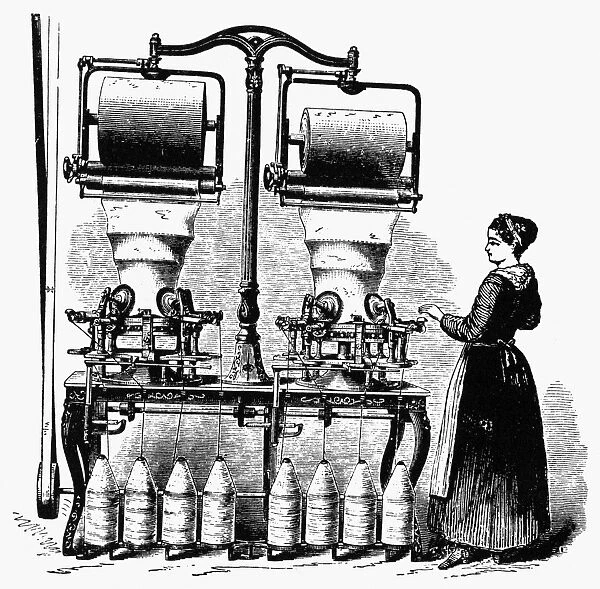 A woman working at an upright rotary knitting machine, patented in 1855 by Clark Tompkins of Troy, New York. Wood engraving, American, c1875