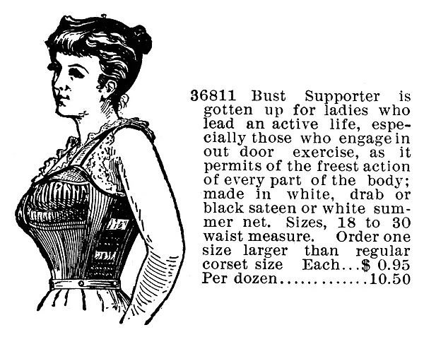 WOMENs FASHION, 1895. Bust supporter. Cut from an American mail-order catalog, 1895