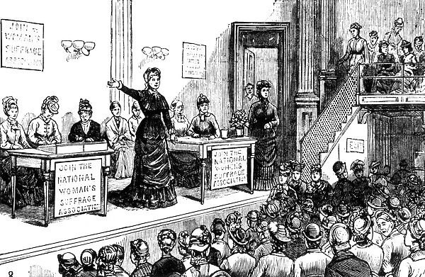 WOMENs RIGHTS MEETING. A meeting of the National Womens Suffrage Association in the 1870s, with Susan B. Anthony and Elizabeth Cady Stanton on the platform. Wood engraving