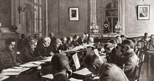 WORLD WAR I: ARMISTICE. Writing of the Armistice Terms by the Interallied Conference