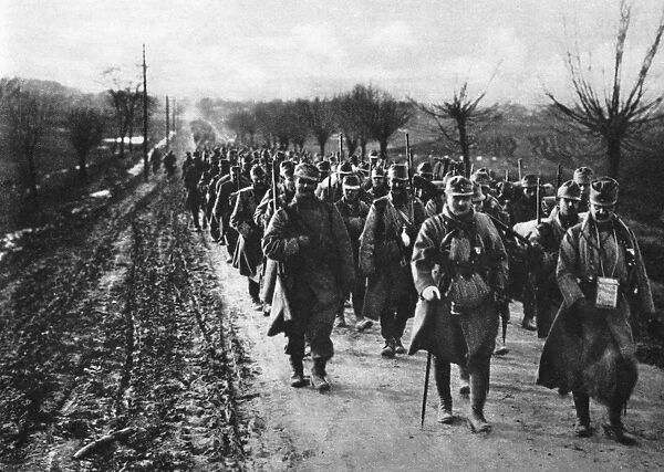 WORLD WAR I: AUSTRIANS. Column of Austrian troops during World War I. Photograph, c1916