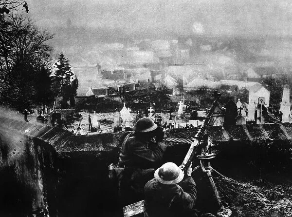 WORLD WAR I: RAUCOURT, 1918. Anti-aircraft post manned by Corporal J. E. Briggs and Private P