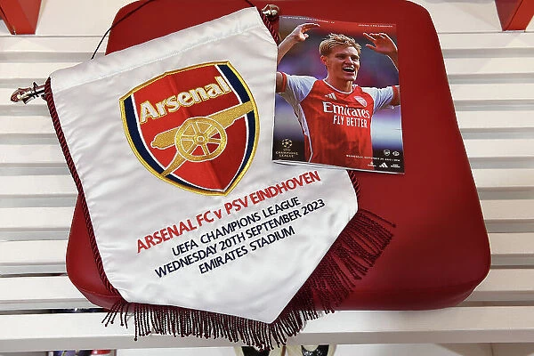 Arsenal Dressing Room: A Closer Look at the Match Pennant before Arsenal vs PSV Eindhoven, UEFA Champions League 2023 / 24