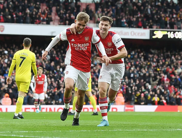 Arsenal's Emile Smith Rowe and Kieran Tierney Celebrate First Goal Against Brentford in 2021-22 Premier League