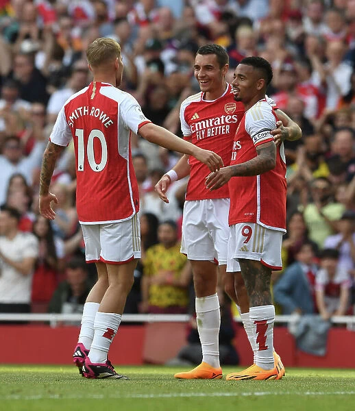Arsenal's Five-Star Comeback: Jakub Kiwior, Gabriel Jesus, and Emile Smith Rowe Celebrate Goals Against Wolverhampton Wanderers (2022-23)