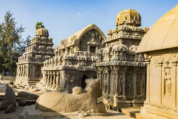 Ornately-carved temples at Mamallapuram in Tamil Nadu, India