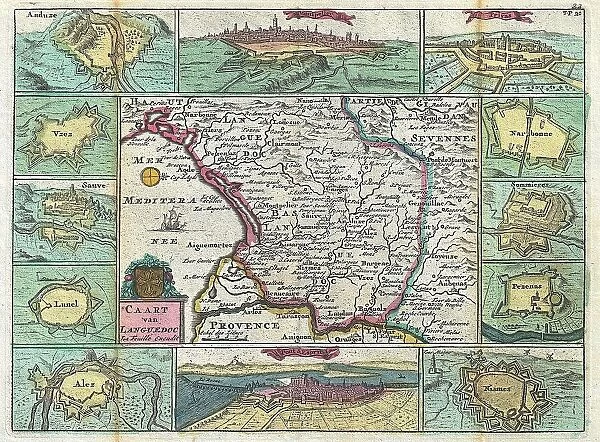 1747 La Feuille Map Of Languedoc France Topography